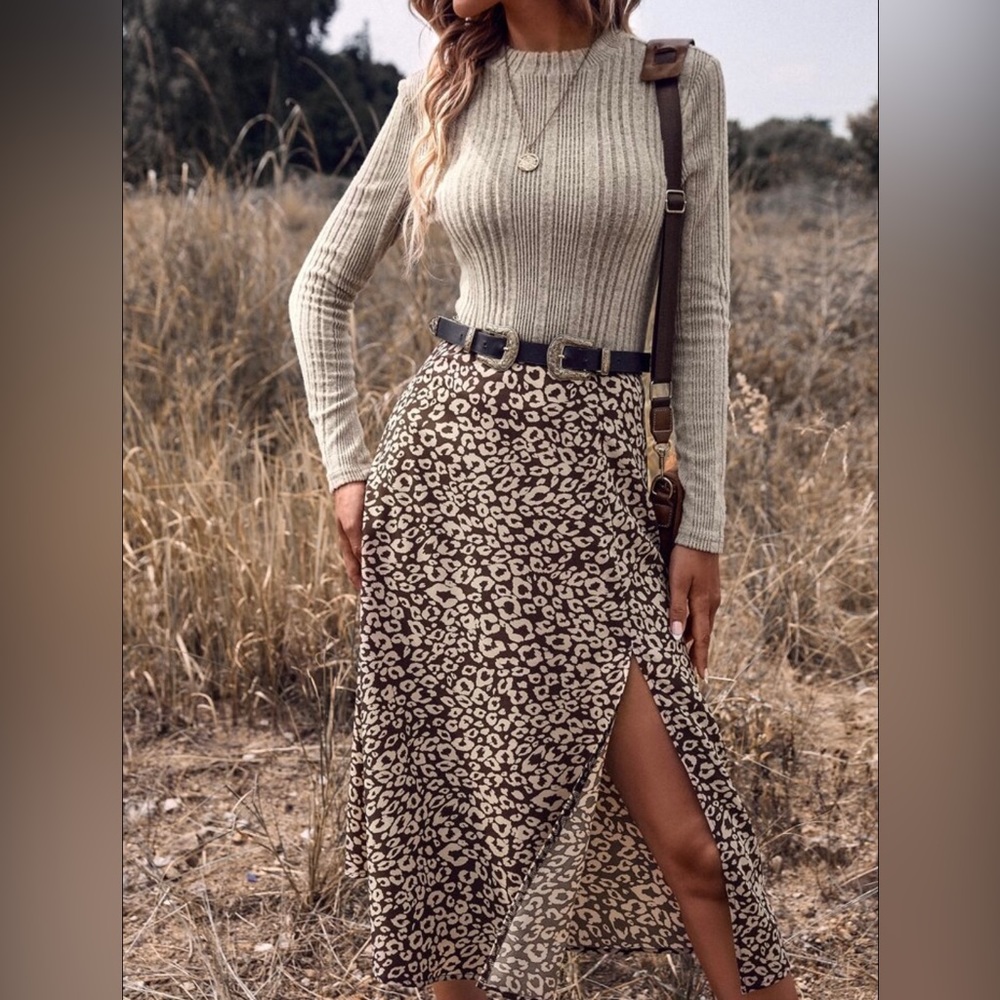 Midi Animal Print Split Skirt